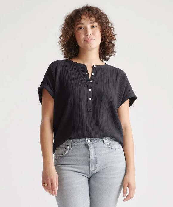 Quince Tops - Quince 100% Organic Cotton Gauze Roll Sleeve Shirt in Black size S